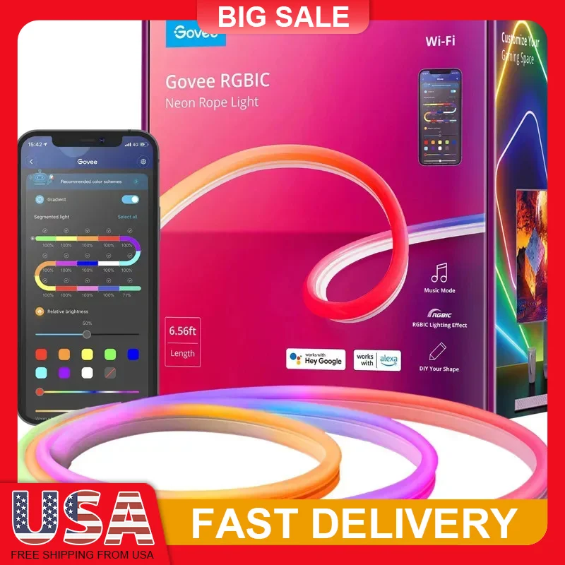 

RGBIC LED Neon Rope Light 6.5ft App Controlled Smart Lighting Alexa Google Assistant Music Sync 16 Million Colors Waterproof