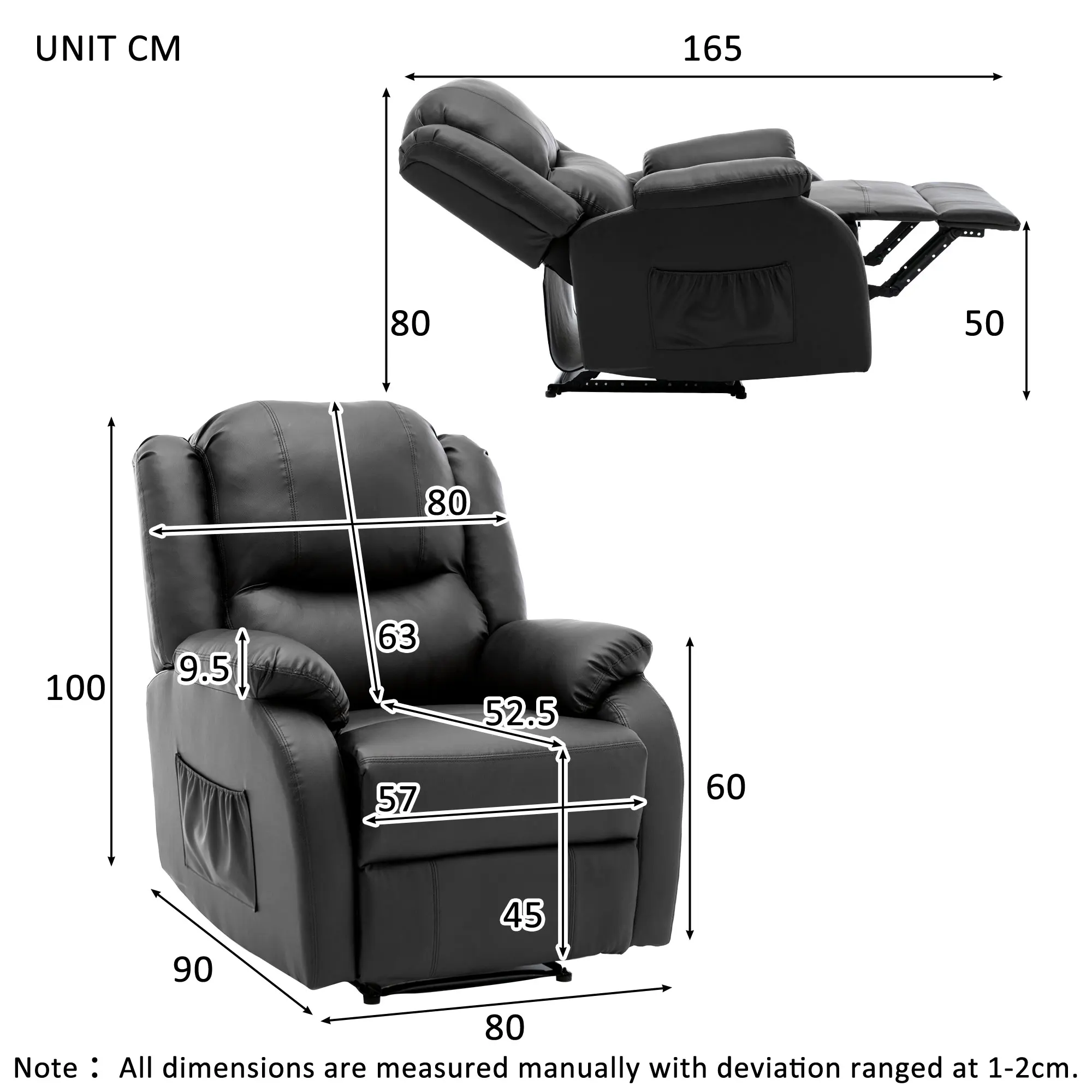 VSOGA Relaxation armchair with reclining function PU leather footrest side bag XXL