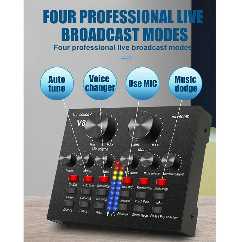 RISE-V8S لايف خارجي بلوتوث كارت الصوت الهاتف الذكي مغير الصوت 12 نوعا من المؤثرات الصوتية 4 تعديل للهاتف أندرويد IOS