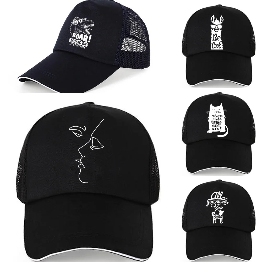 Summer Breathable Mesh Cap Trucker Cap Fashion All-match Baseball Cap White Picture Print Outdoor Adjustable Sunshade Sun Hat