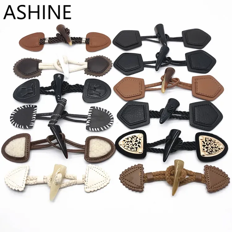 3 Pairs Leather Horn Toggle Button, Duffle Coat Jacket Fasteners Toggle  with Leather Patch Trench Coat Fastener Craft Connector