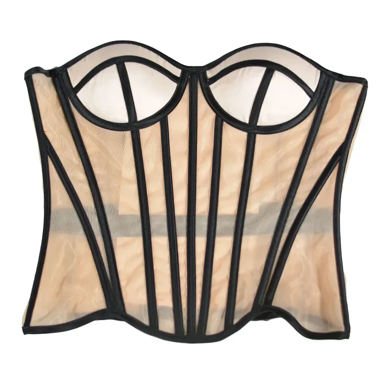 Women Corset Busiter With Cup Lace Up Steel Boned Transparent Mesh Corsets Top Push Up Bodice Shaper Wedding Party