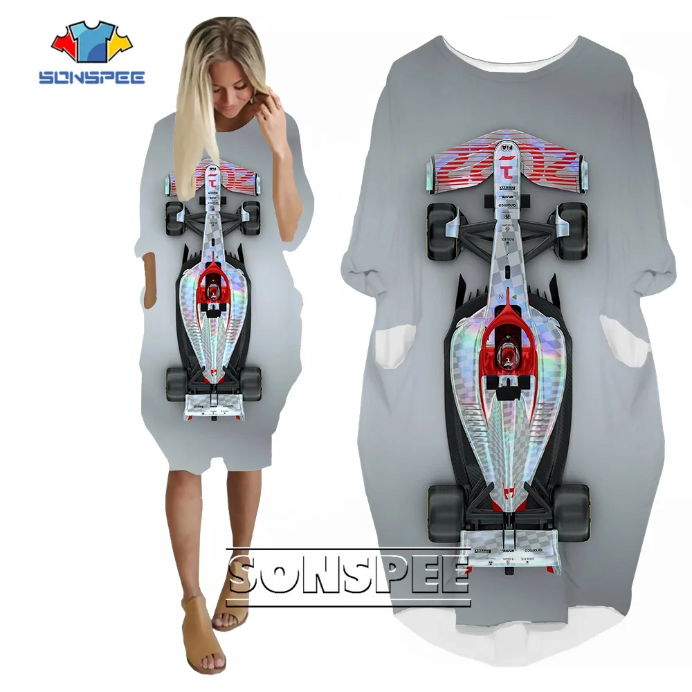 SONSPEE Sport Car 3D Printed Dress Long Sleeve Punk Retro Mechanical Pocket Skirt Female F1 Racing Team Robe Hip Hop Dresses