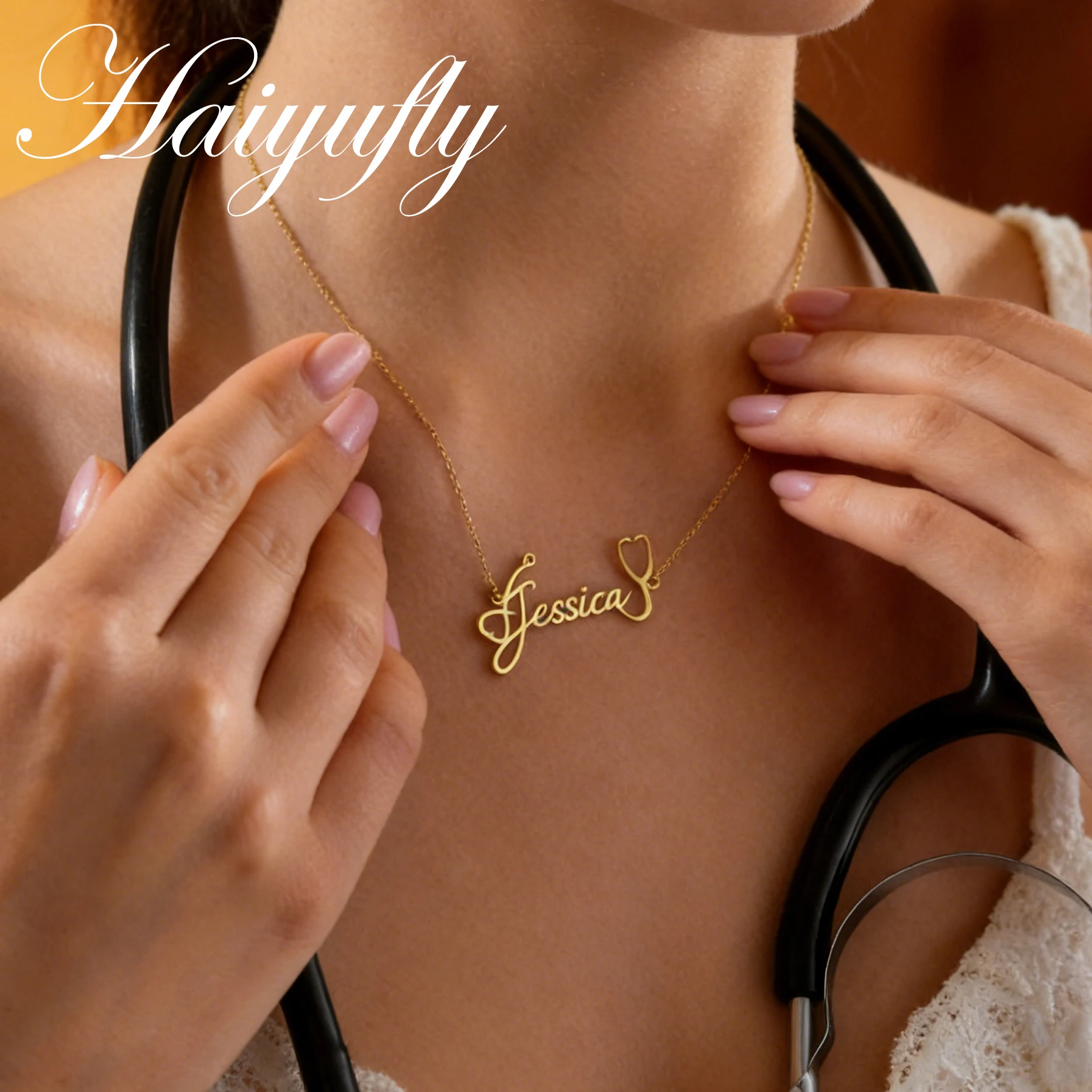 

Haiyufly Custom Name Necklace for Women Stainless Steel Jewelry Personalized Stethoscope Pendant Choker Chain Nurse Medical Gift