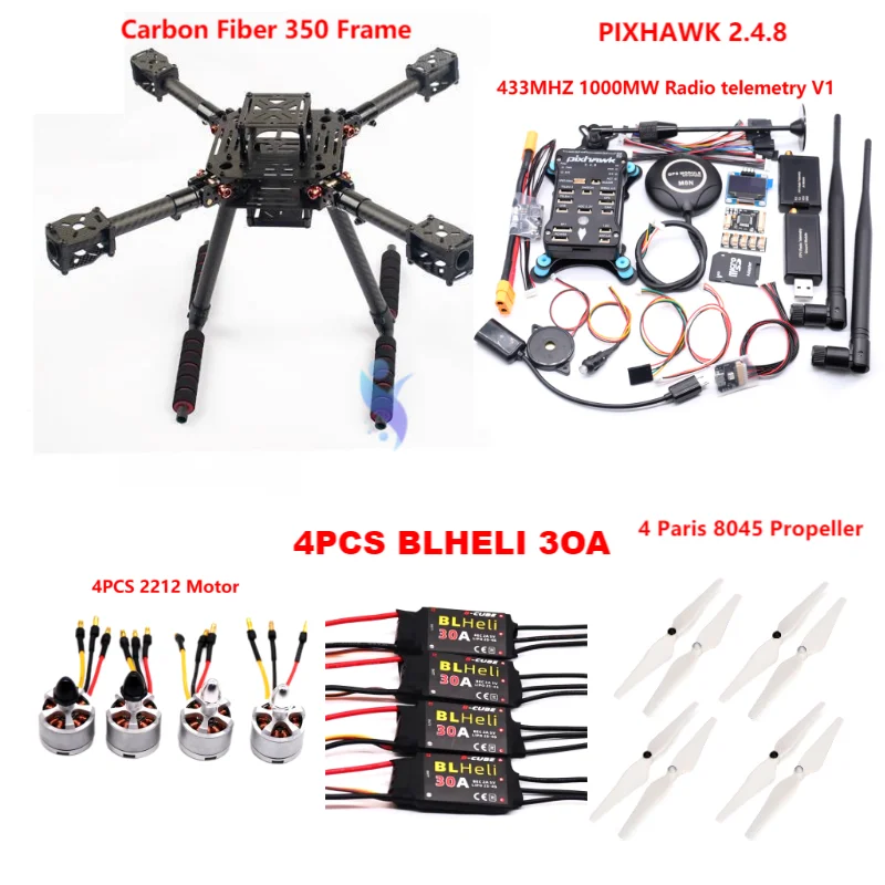 Kit de contrôle de vol en fibre de carbone F350 PIXHAWK 2.4.8 M8N, cadre Ardupilot 100MW télémétrie radio quadrirotor BLHELI 30A 2212 moteur ESC