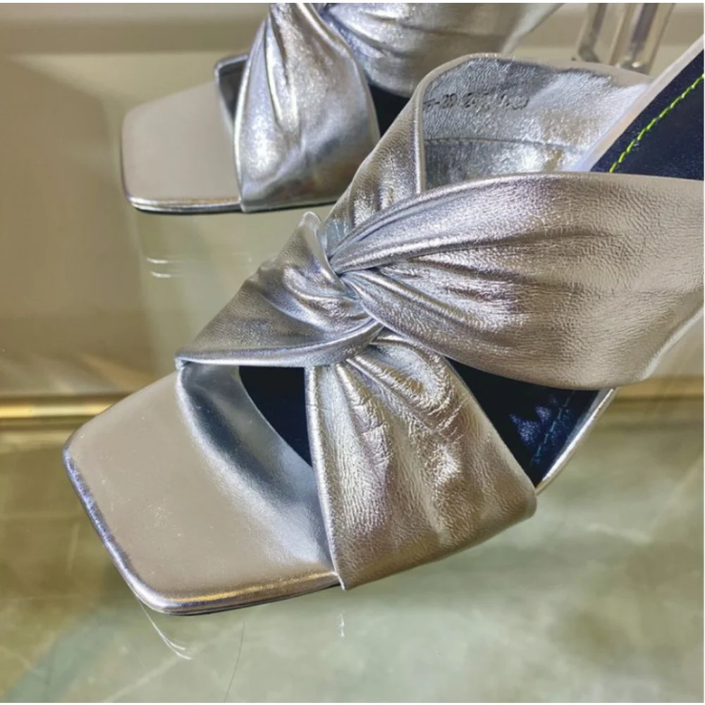 Cross Strap High Heels Slippers Summer Luxury Golden Square Toe Shoes for Women Women Clear Heel Slides