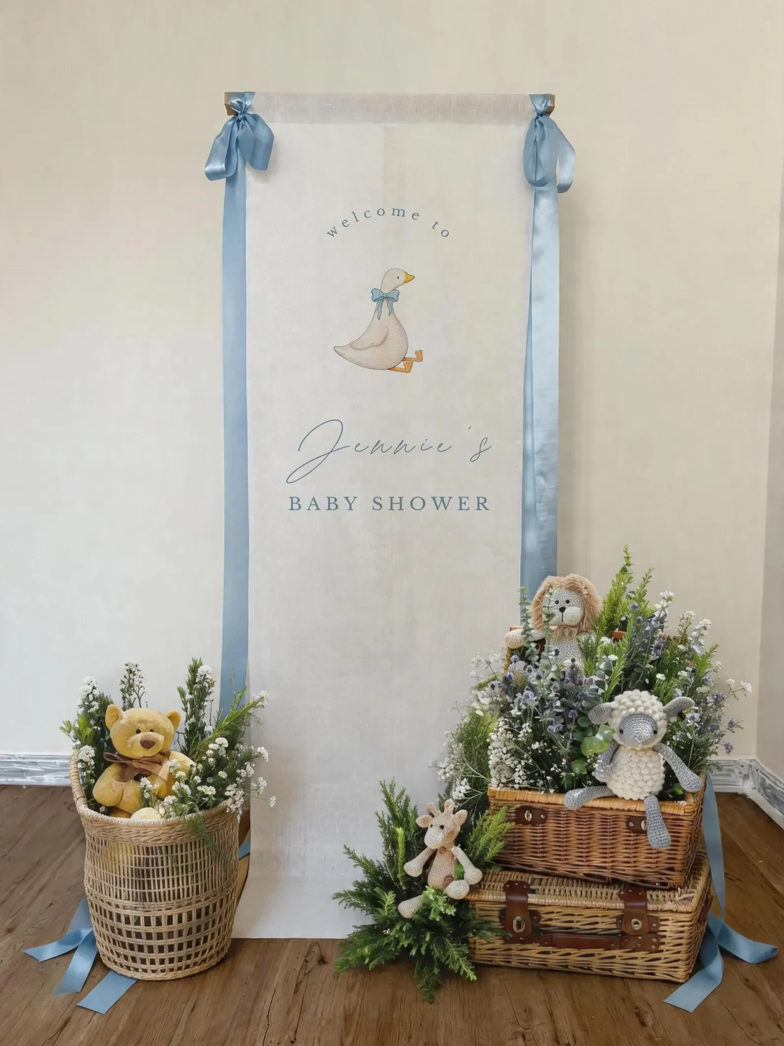 Custom Baby Shower Welcome Sign Personalized Cotton Linen Hanging Banner Nursery Party Photo Backdrop Decor