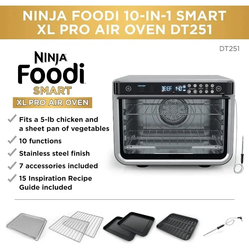 Foodi-freidora de aire inteligente 10 en 1, horno para tostadas, parrilla, tostadora Digital, termómetro, convección envolvente verdadera hasta 450 °F, DT251 XL