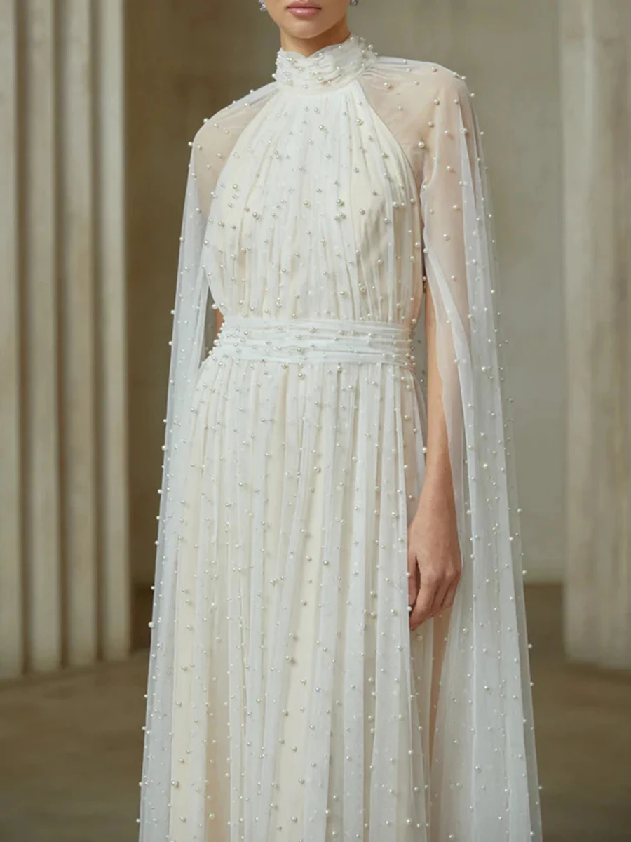 TWOTWINSTYLE Solid Sheer Spliced Bead Luxurious Dresses for Women Stand Neck Long Sleeves Tunic Patchwork Shirring Dress Female