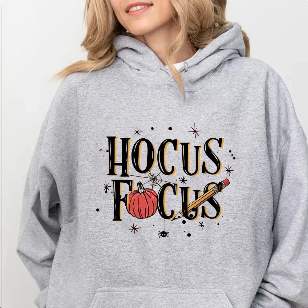 Hocus Focus Pumpkin Women’s Halloween Autumn Winter Hoodie Spooky Season Oversize Female Fashion O Neck Cotton Lady Tops Y2k