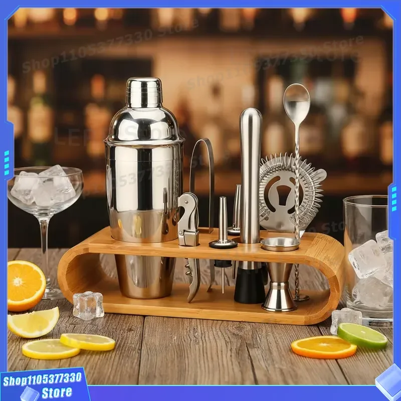 10 Piece Bartender Kit with Bamboo Stand Professional Bar Tools Set for Home Martini Cocktail Mixing Shaker Strainer Jigger