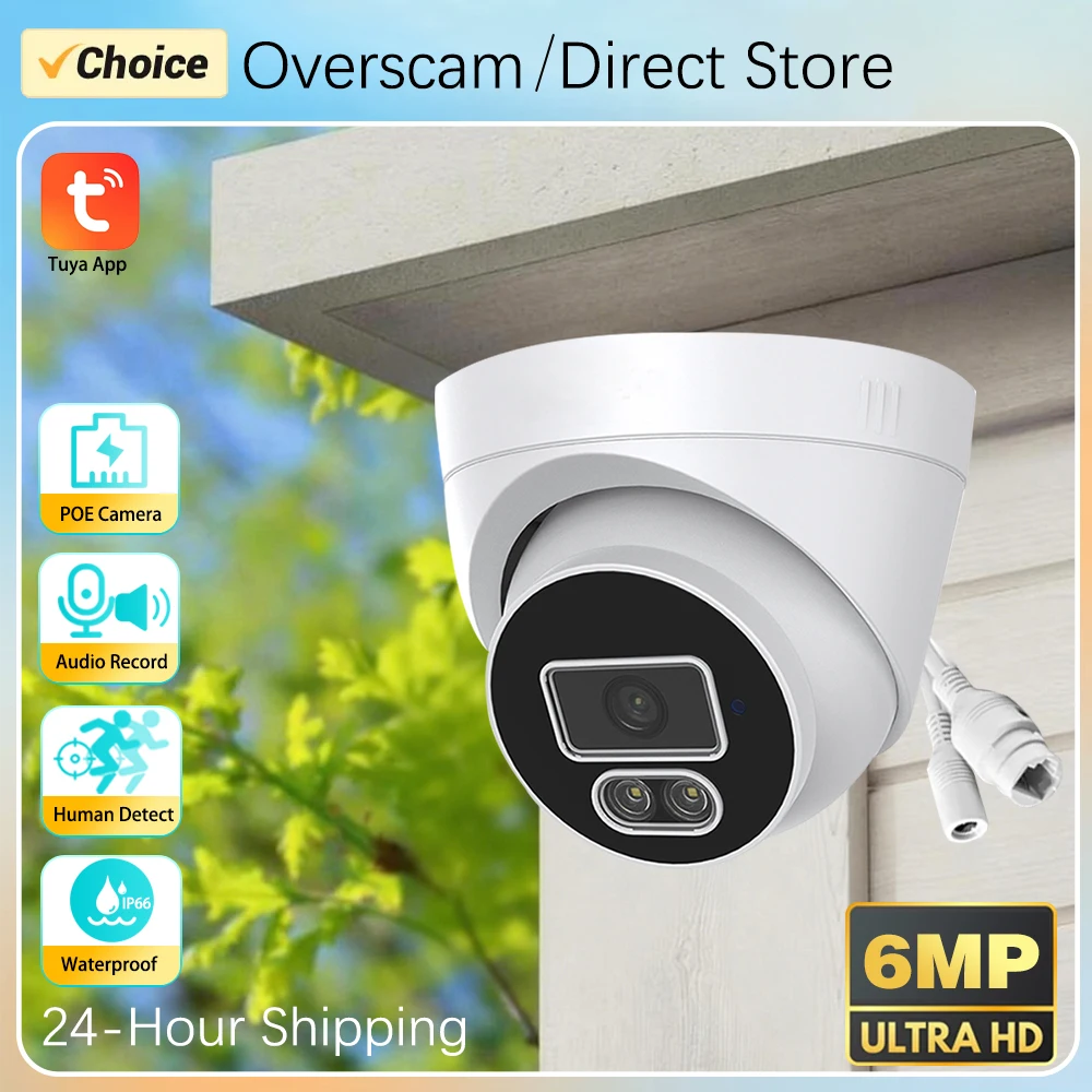 

6-мегапиксельная купольная IP-камера с PoE, двусторонней аудиосвязью, обнаружением человека, цветным ночным видением, для внутреннего и наружного видеонаблюдения, приложение Tuya Smartlife