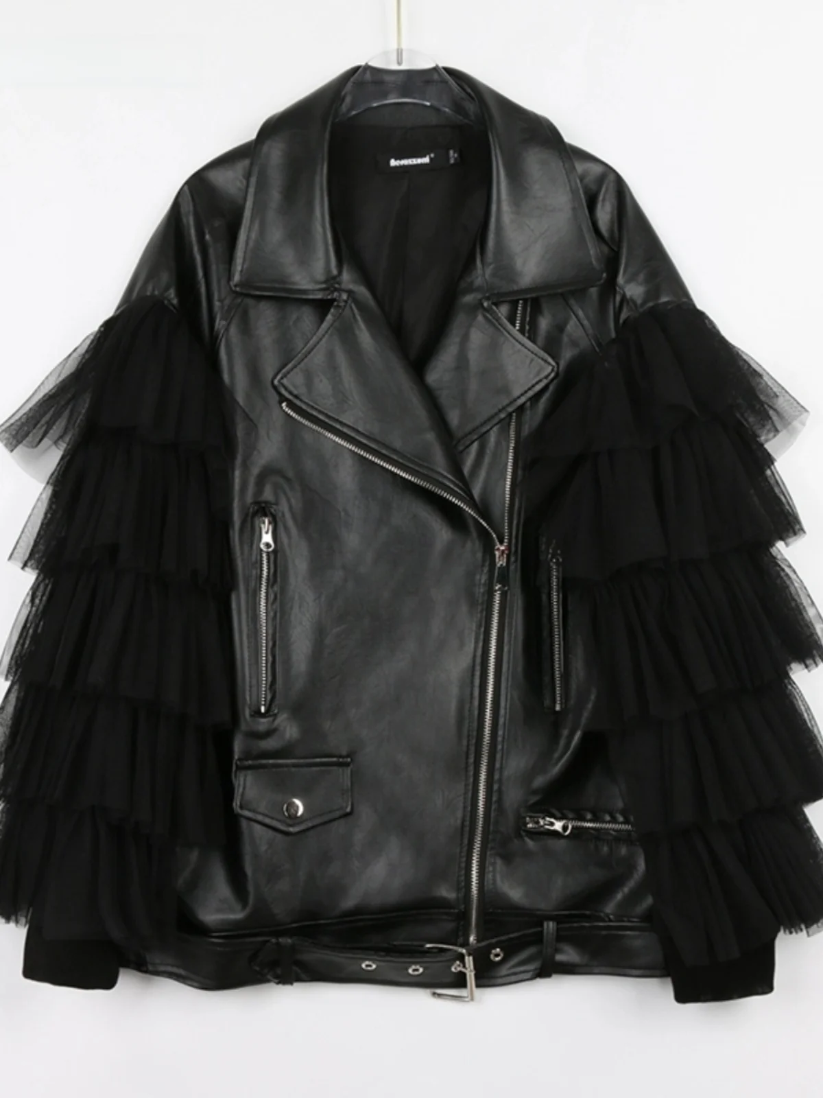 Nerazzurri Bla Lace Spliced Motorcycle Sle Loose PU Leather Jaet Women's  New Arrival Faion Commute Windbreaker