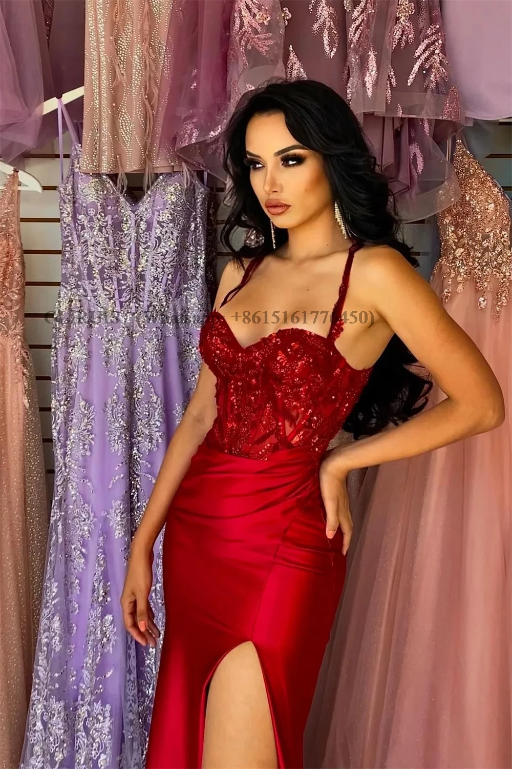 Wine Red Satin Prom Dresses Spaghetti Strap vestidos de noche Elegant Sleeveless Sexy Side High Split Formal Evening Customized