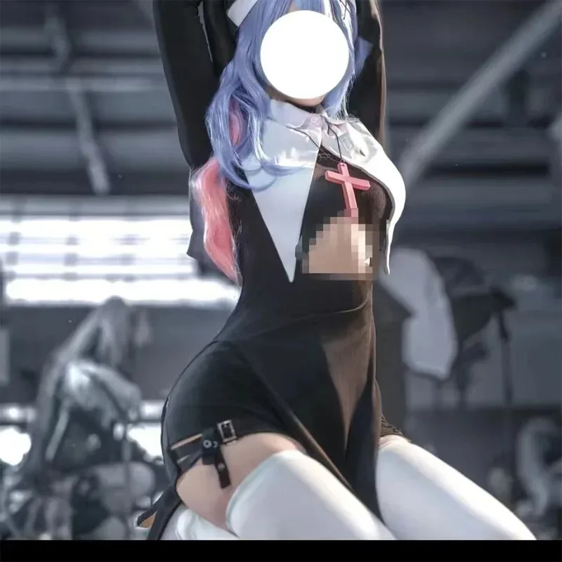 AIAI 2025 미쿠 토끼공간 수녀 검정 롱 드레스 (헤드스카프 & 목걸이 포함) 여성 소녀 섹시 코스프레 의상 가발 할로윈 파티