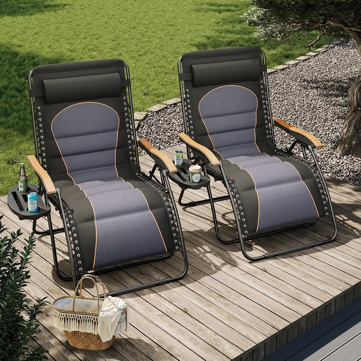 XXL Padded Outdoor Zero Gravity Chair Set of 2, Cup Holder, Black