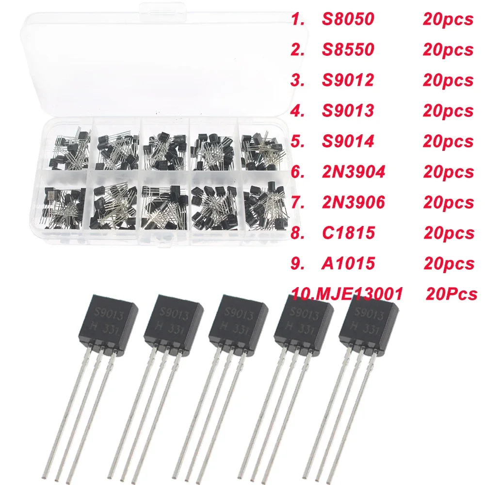 200PCS Transistors Kit NPN PNP S8050 S8550 2N3904 S9012 S9013 S9014 2N3906 C1815 A1015 MJE13001 10 Values Transistor Set