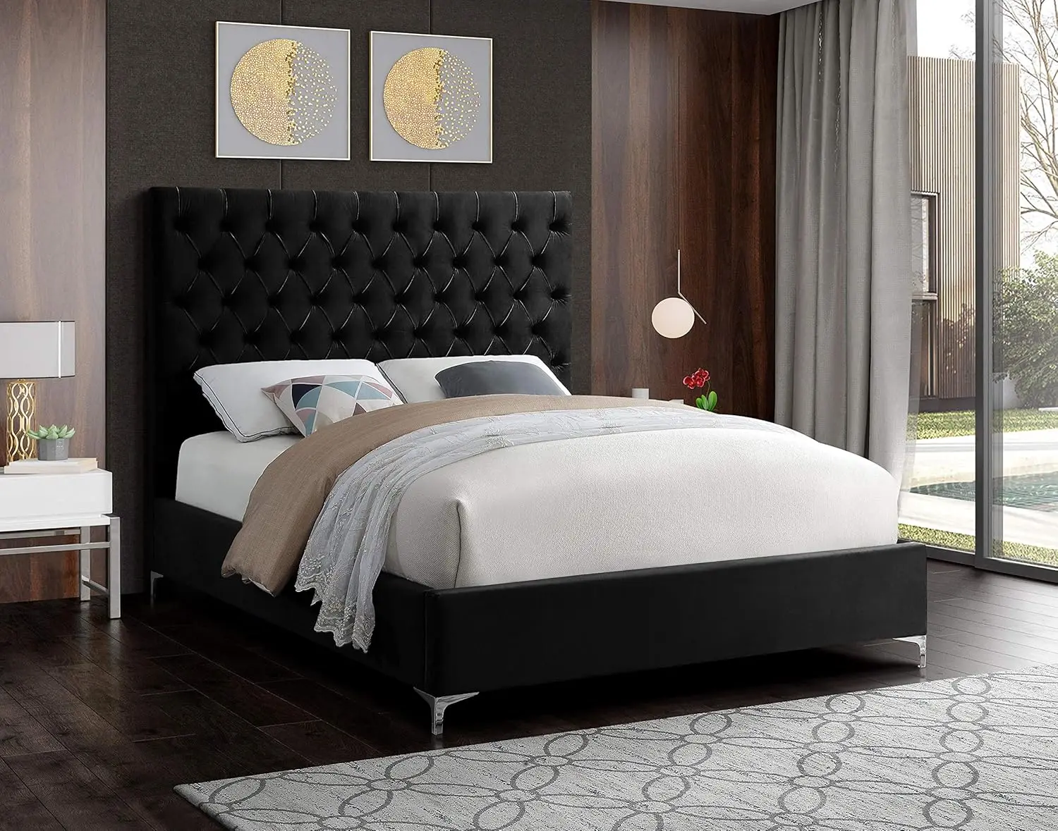 Meridian Furniture Cruz Collection Modern | Contemporary Velvet Upholstered Bed With Deep Button Tufting And Complete Sets Of