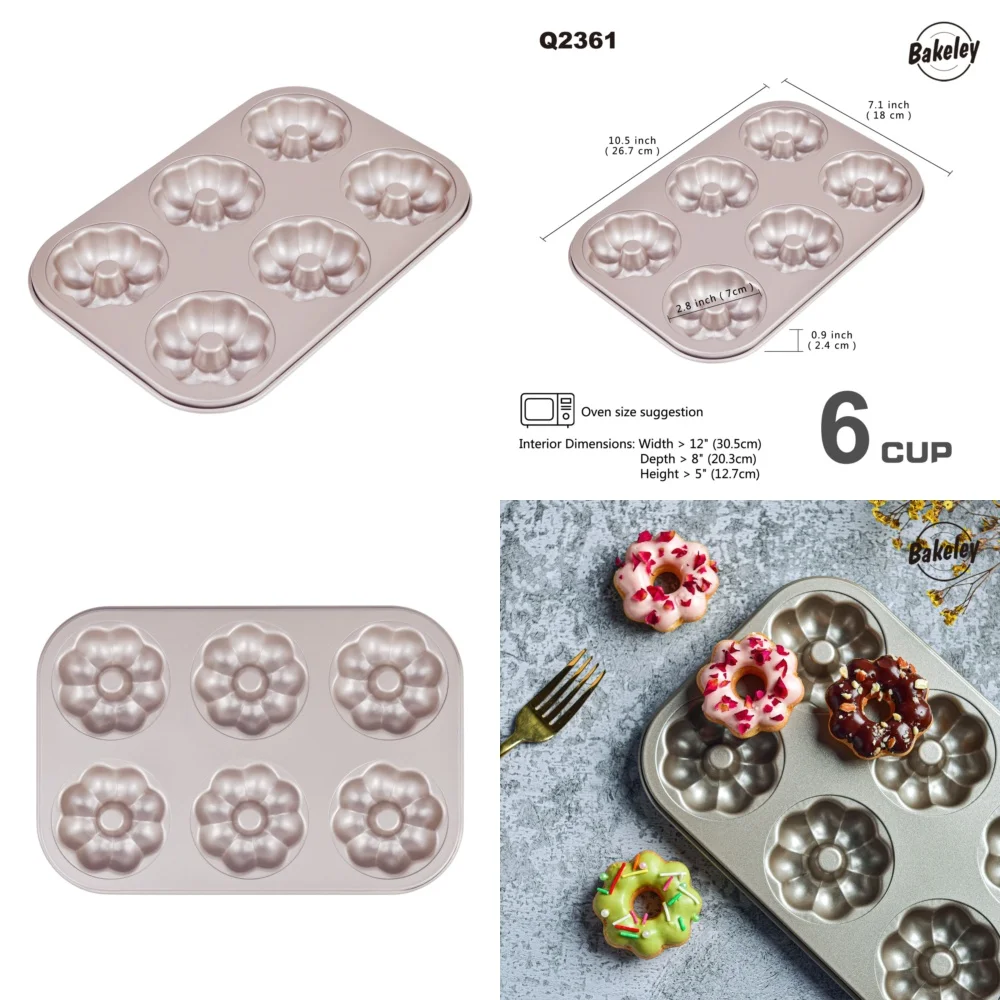 

6 Cavity Donut Pan Heart Flower Round Bundt Cake Mold Champagne Gold Non Stick Baking Pan for Easy Release Perfect for Desserts