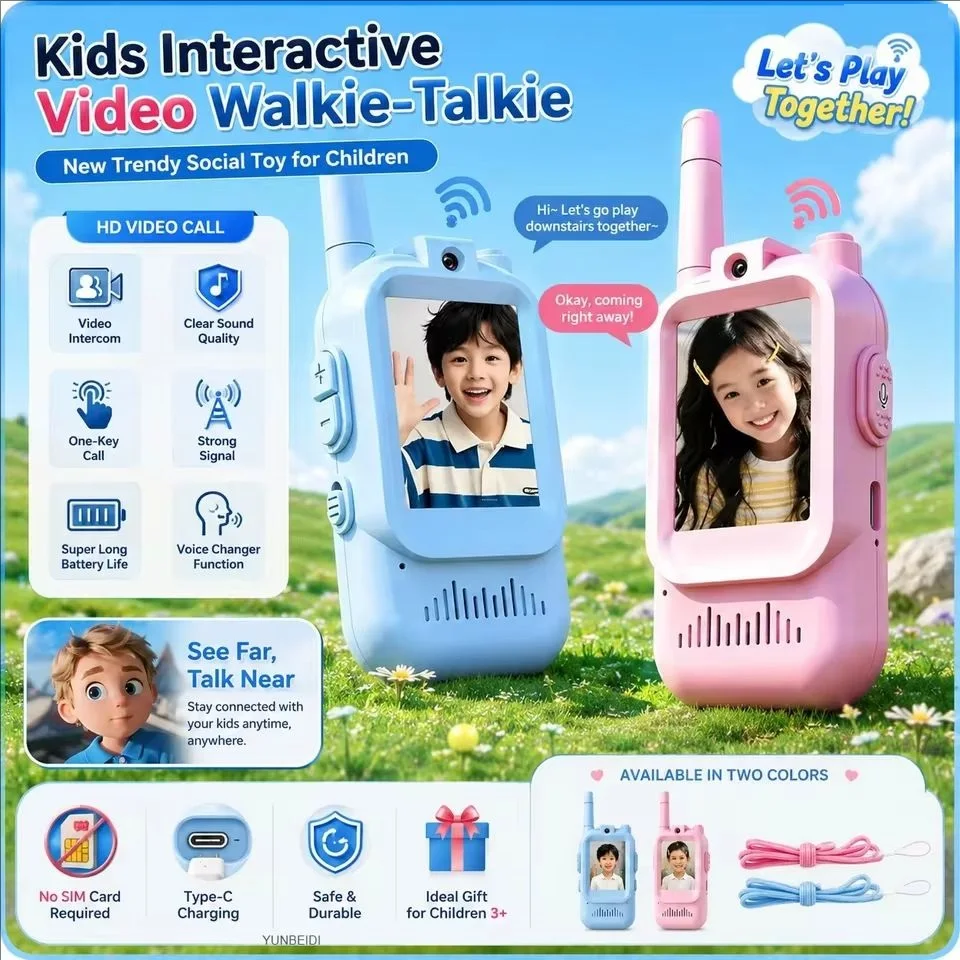 Walkie Talkies con Cámara para Niños, Paquete de 2, Recargables, Juguetes para Niños Pequeños, para Acampar en Interiores, Viajes, Regalos de Cumpleaños para Niños de 3 a 12 Años