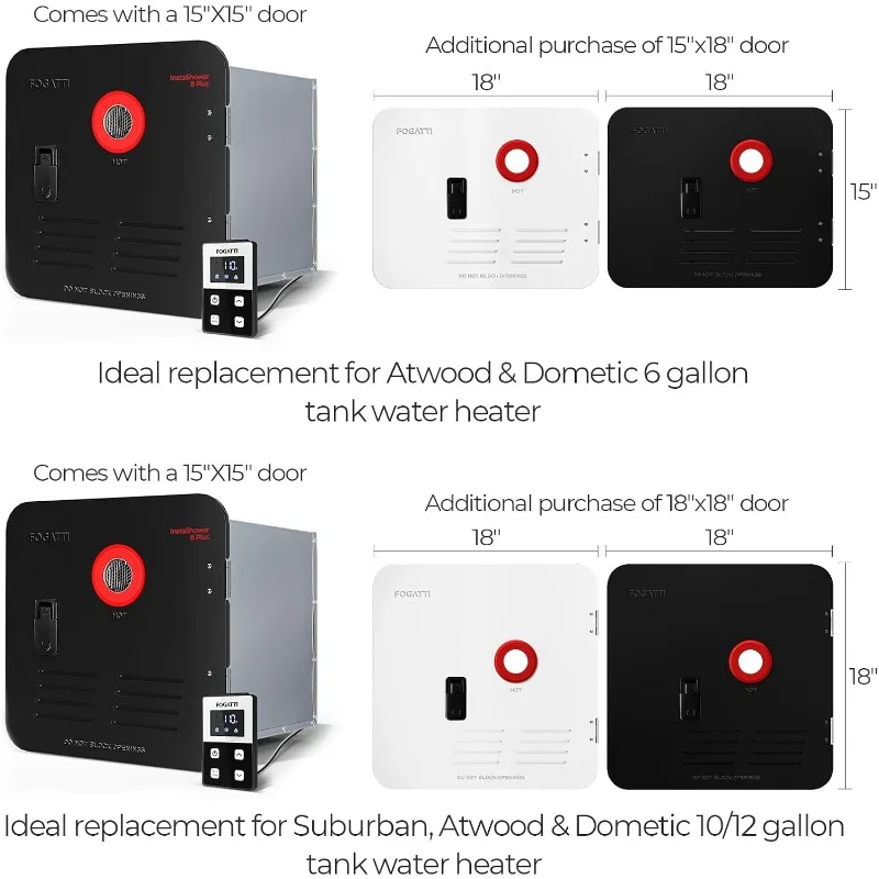 FOGATTI RV Tankless Water Heater, InstaShower 8 Plus, Gen 2, with 15 x 15 inches Black Door and Remote Controller, DC 12V