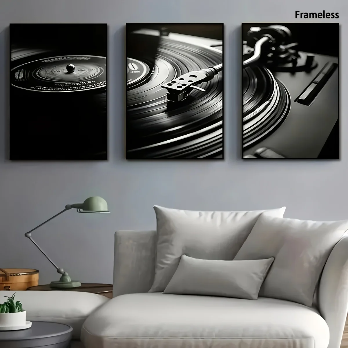 （Noframe 3PCS）-2D Flat, 3pcs Black White Vinyl Record Wall Art, Retro Music Turntable Design 2D Print Canvas Poster Frameless