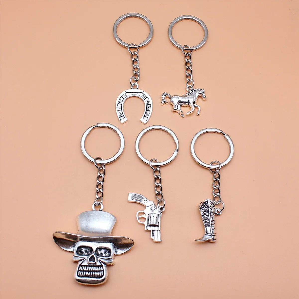 5pcs/set Antique silver denim keychain set Cowboy hat steed pistol horseshoe keychain