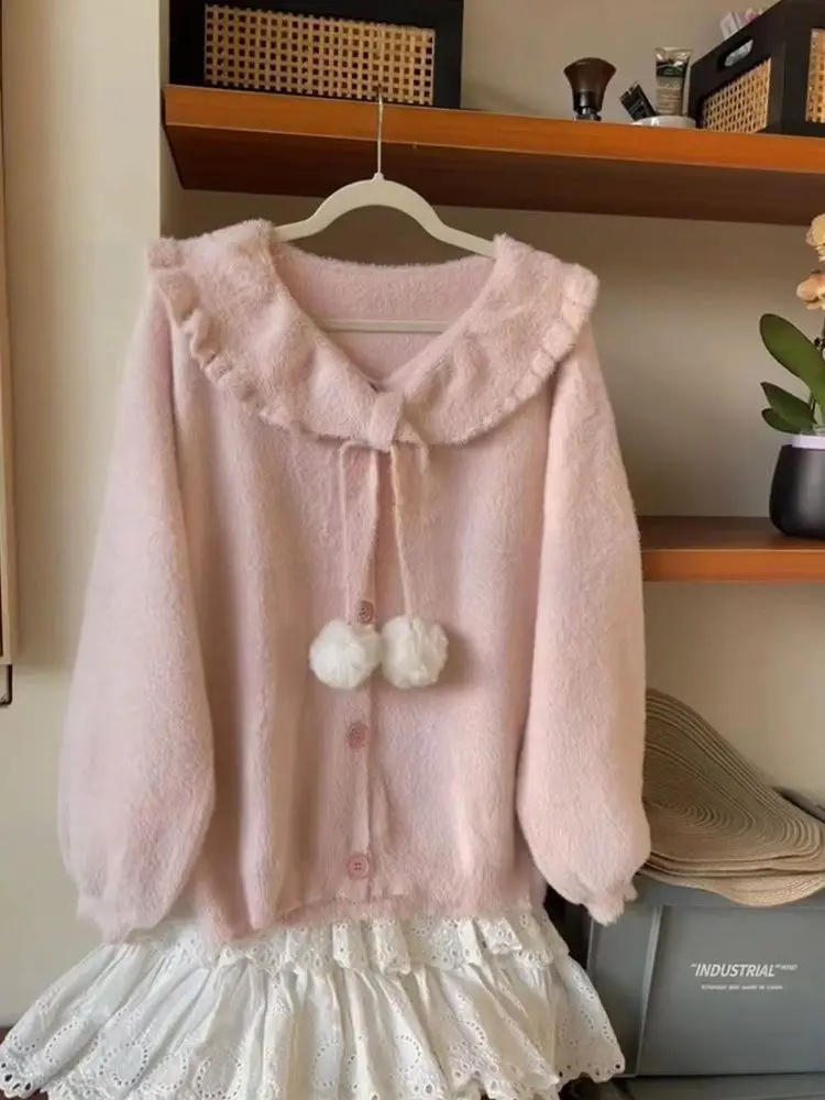 خمر Kawaii طويلة الأكمام سترة مشغولة من الصوف معطف المرأة اليابانية لطيف سستة بلوزات الإناث عادية Y2k سترة معطف شيك #6