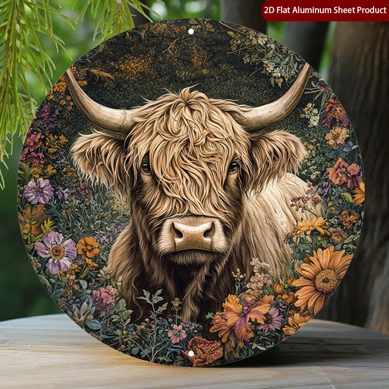 1pc Scottish Highland Cow Round Sign, Modern Round Sign, Floral Background Round Signs, Rustic Animal Art Rustic Metal Wall Art - view 3