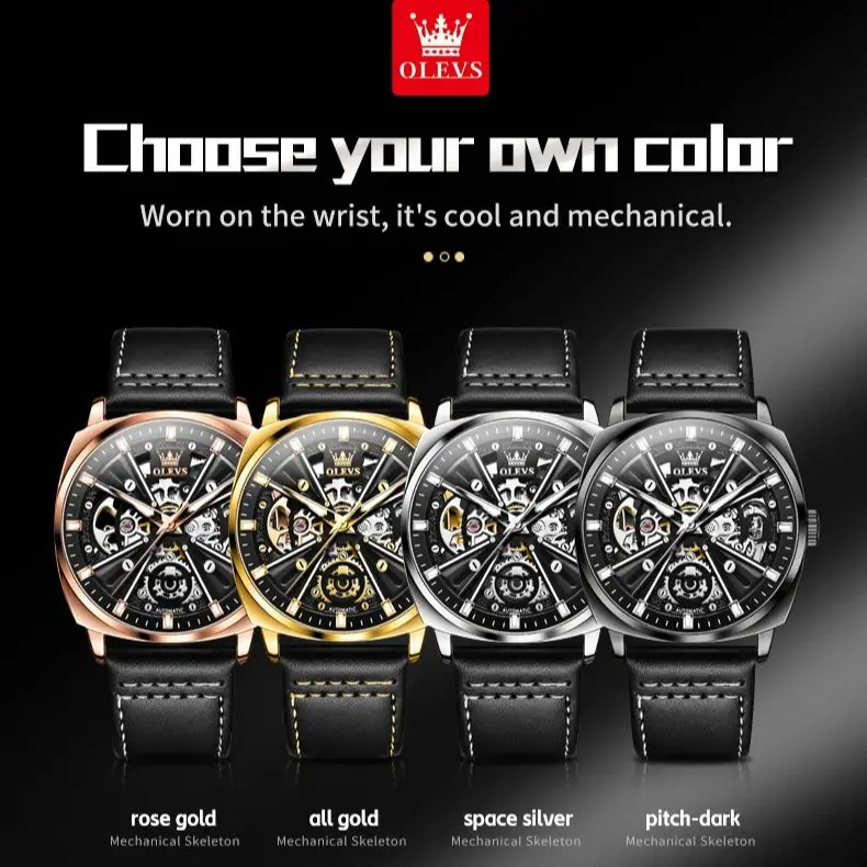 OLEVS 6685 Hollow out Mechanical Men Automatic Watch Leather Top Brand Stainless Steel Waterproof Luminous Men Formal Watch Relo