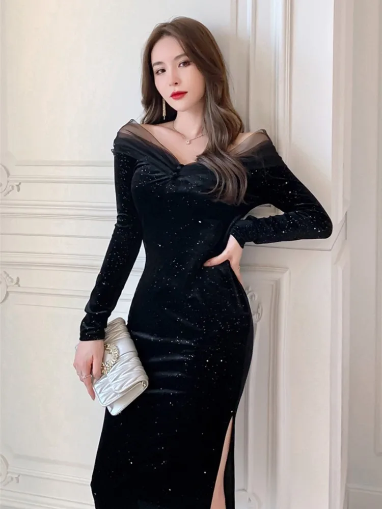 Elegant Sequins Velvet Midi Dress Office Lady Off Shoulder Black Bodycon Evening Vestidos Spring Autumn Female Formal Clothes