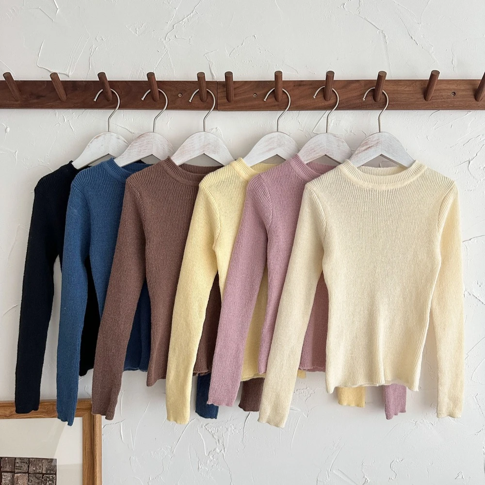 

‌2025 Autumn Winter Boys Girls Knitted Sweater Korean Style Solid Color Pullover for Kids Soft Cotton Blend Long Sleeve Tops