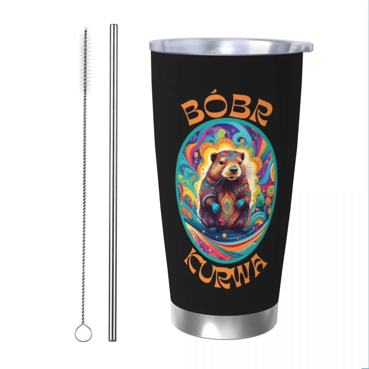 Psychedelic Bobr Kurwa Insulated Tumbler with Straws Lid Bober Stainless Steel Thermal Mug Double Wall Car Bottle Cup, 20oz