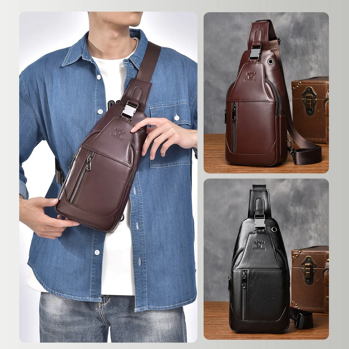 

Top layer cowhide outdoor front crossbody bag, retro men's large-capacity mobile phone storage crossbody bag