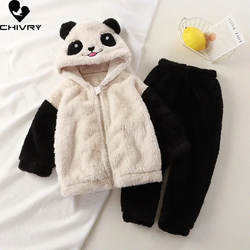 

New Winter Baby Thicken Warm Soft Flannel Pajamas Boys Girls Cartoon Panda Rabbit Zipper Hooded Sleepwear Clothing Sets Pyjamas