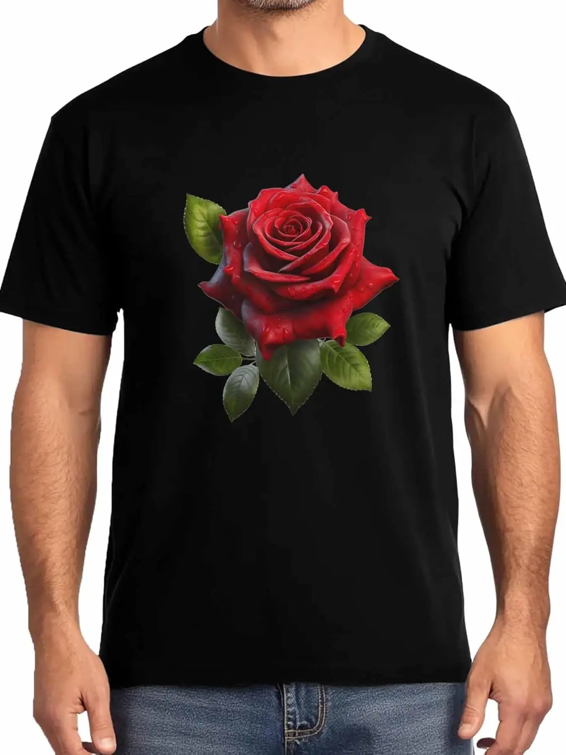 

Red Rose Flower Mens T-Shirts,Short Sleeve Quick Drying T Shirts for Men Crew Neck Tee Floral Leaf Men's T-Shirts,Black