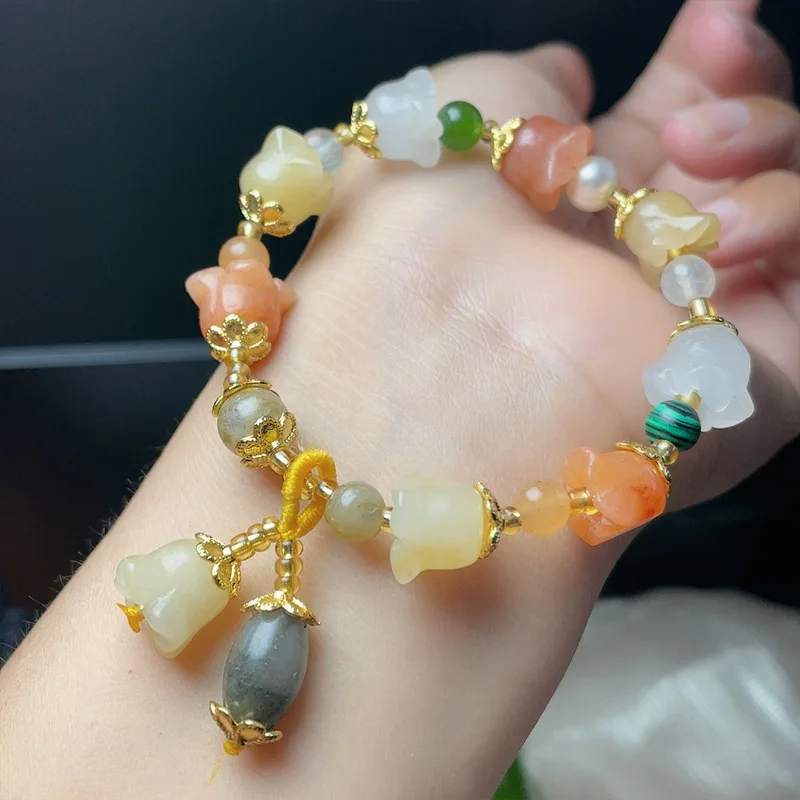 Natural Stone Jade Pumpkin Bead Gourd Bracelet Women's Crystal Bracelet Internet Celebrity Niche Light Luxury Gift Girl Student