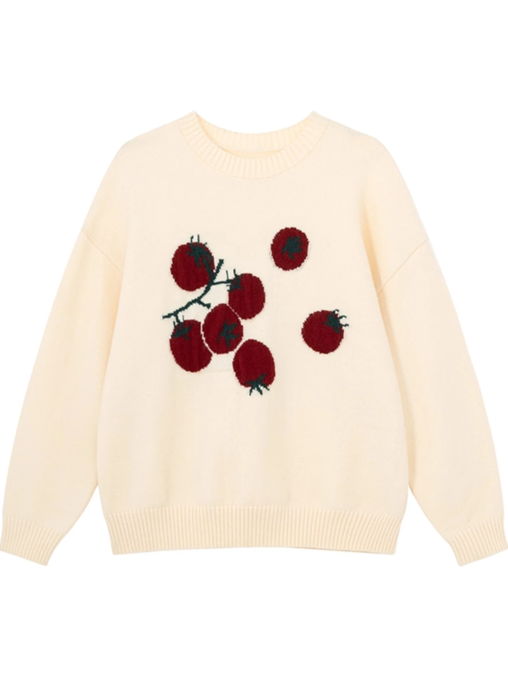 سترة محبوكة فضفاضة بنقش الطماطم وياقة مستديرة للنساء، أسلوب كوري للخريف والشتاء، ملابس داخلية مريحة ونحيفة #3