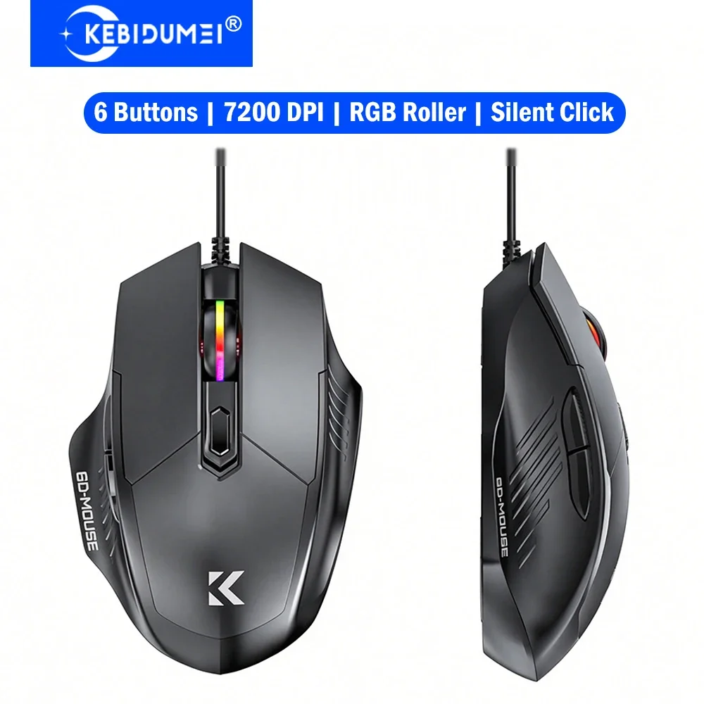 KEBIDUMEI RGB Wired Gaming Mouse 7200DPI 6-Level Adjustable 6 Buttons Ergonomic Silent Mice Plug and Play for Laptop Win MacOS