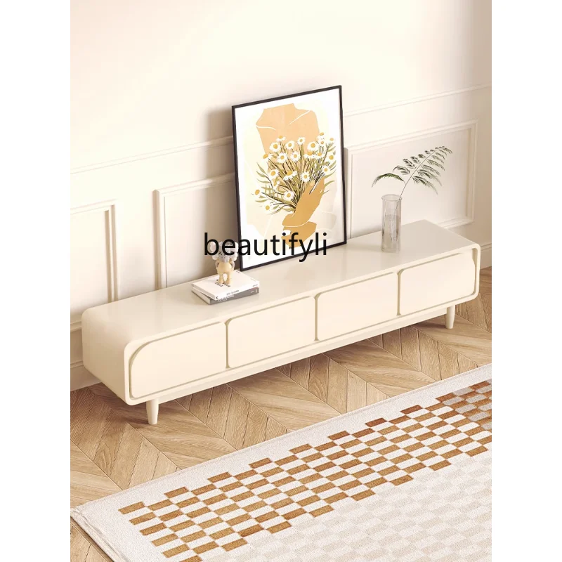 

Cream Style TV Cabinet Modern French New Small Apartment TV Cabinet and Tea Table Combination Household Storage Floor Cabinet