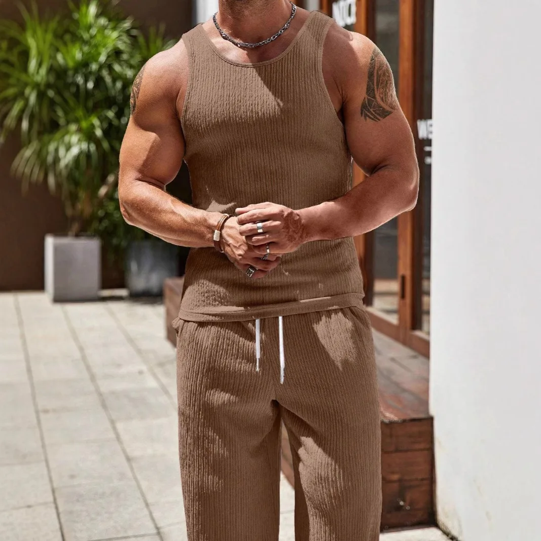 2026 Spring Summer Men's Slim Fit Tank Top Gym Vest Set Sport Suit Tracksuit Bodybuilding Muscle Tops Blouse view 4