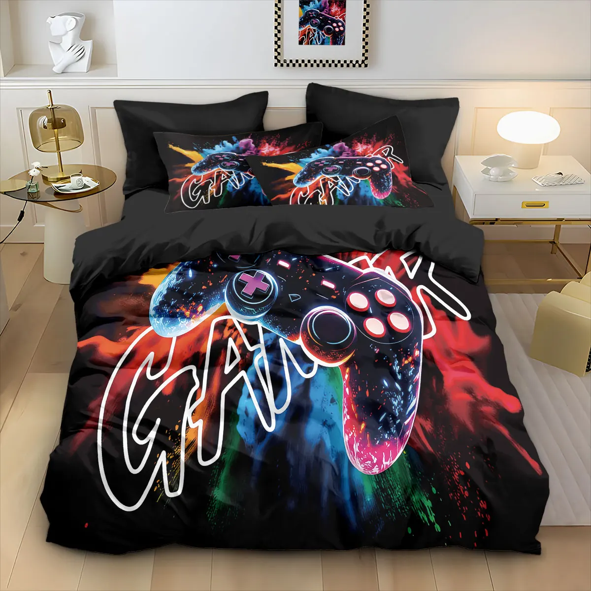 3pcs Cartoon Game Controller Printed Coreless Duvet Cover Set, Multi Size Bedding Decoration, Machine Washable