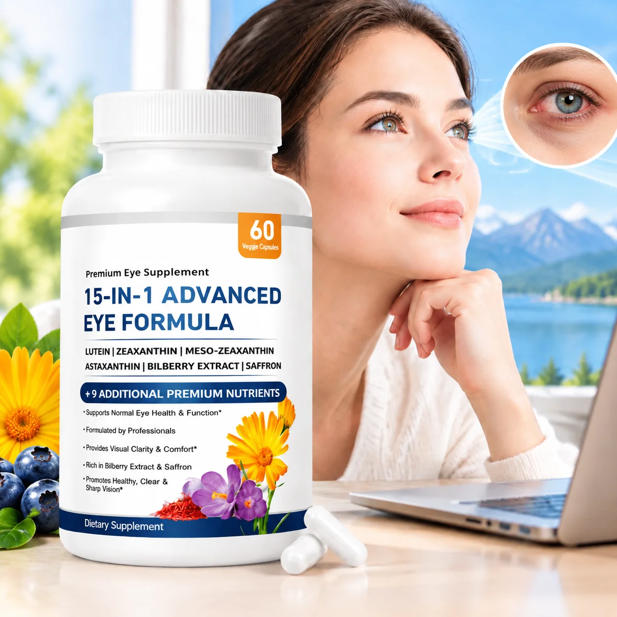 15-IN-1 Eye Formula Caps Promote Macular Health & Visual Clarity & Eye Comfort Vision Lutein Zeaxanthin 60pcs for Screen Fatigue