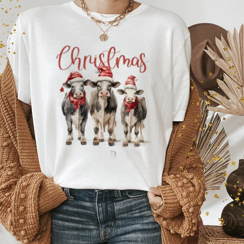 Christmas Cow Cute And Sweet 90s Women\'s Short Sleeved Printed Clothing T-Shirt Top Fashion Pattern Basic Casual Fun T-Shirt