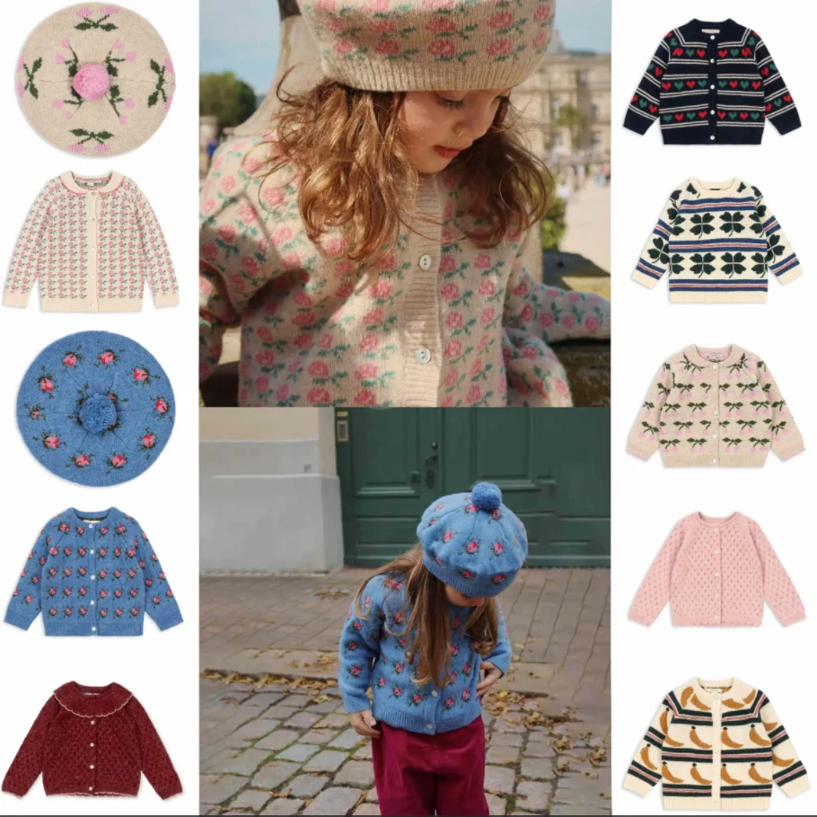 

Children's Sweater 2025 Fall/Winter New Arrival Printed Fashionable Warm Girls' Knit Cardigan Jacket Pure Cotton Cute Knit Hat
