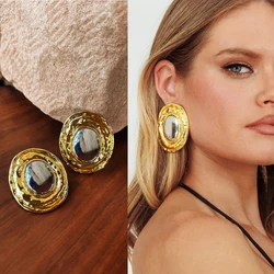 Personality Hip Hop Style Chunky Oval Large Stainless Steel Dangle Earrings Rock Golden Silver Color Metal Glossy Hammered Hoops