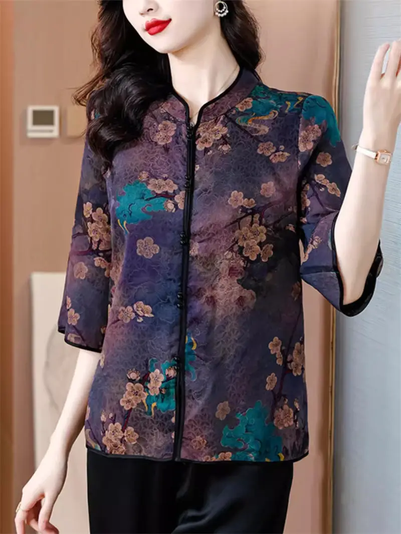 Women's Top Mom Summer Middle And Elderly Silk Shirt 2024 Fashion Retro Fashion 3/4 Sleeve Printed Blusa K1081