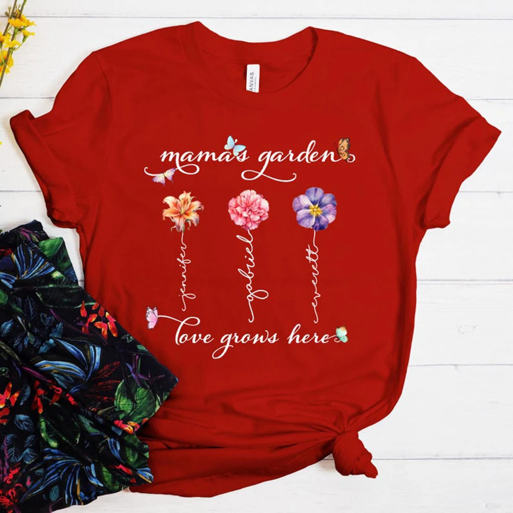 

Custom Flower Mom Shirt With Kids Names Personalized Mothers Day Garden Tee Floral Mama Tshirt Gift For Mom Spring Tops
