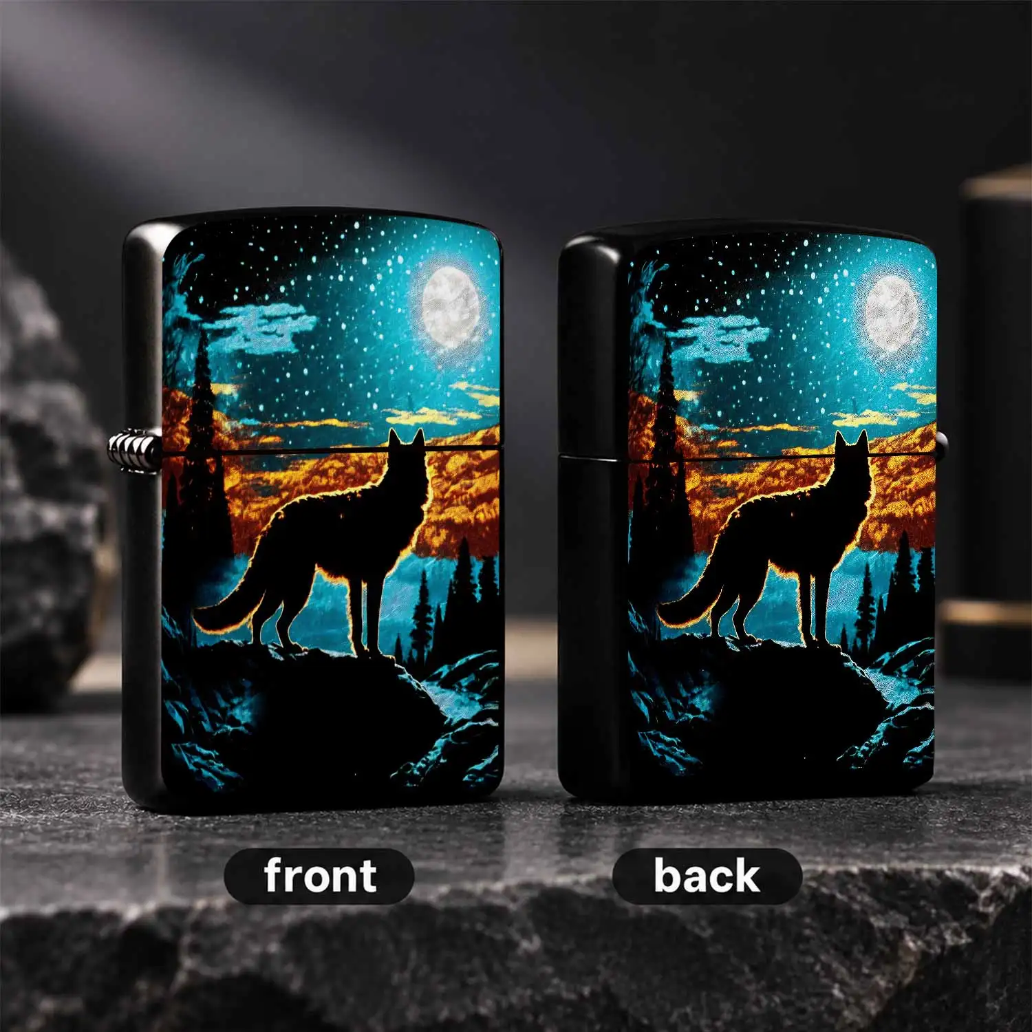 Retro Wolf Silhouette Under Full Moon Starry Night Printed Pocket Lighter, Vintage Wilderness Scenery Themed Portable Ignition Accessory For Outdoor Camping Daily Use, Unique Decorative Gift For Nature Lovers And Art E A Humorous And Intere