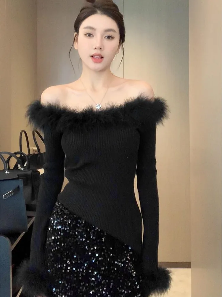 

Женский облегающий трикотаж с потертостями и овальными плечами, корейский свитер, осенне-зимний модный повседневный топ